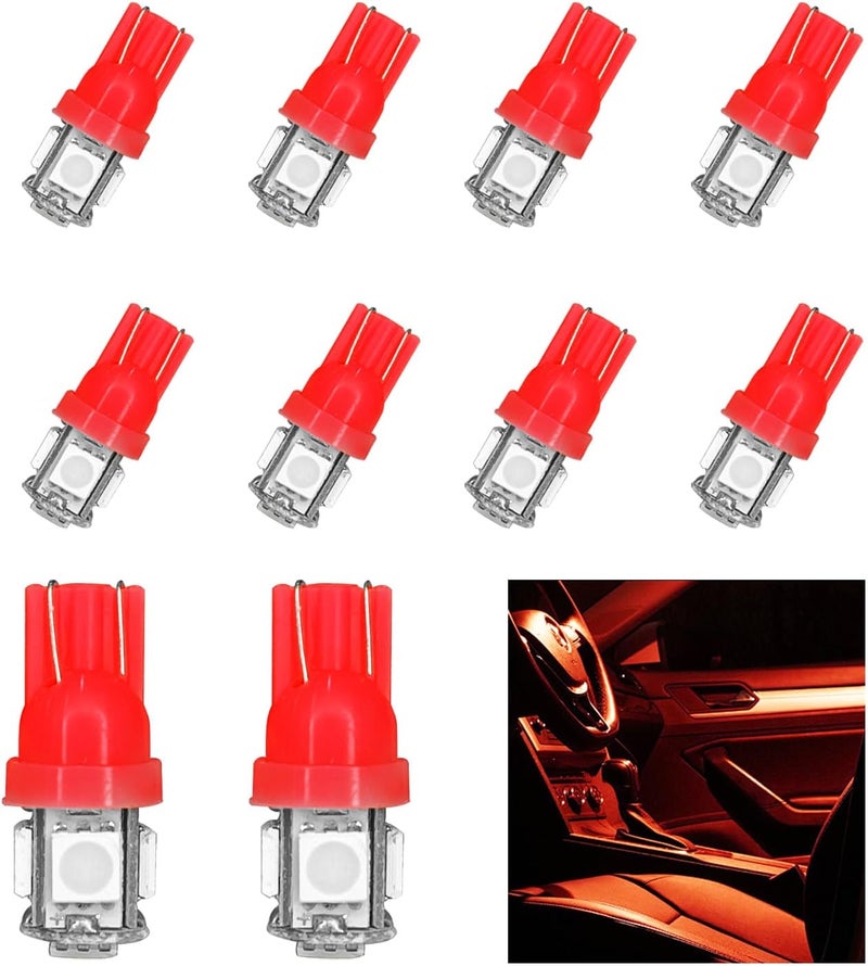 SWQS 10PCS 194 LED Bulb Red, Super Bright 5050 5SMD T10 LED Bulb, DC 12V Wedge Light Bulb Kit for Car Interior Lighting Door Dashboard Dome Map Trunk Light License Plate Lamp Courtesy Lights - Image 1